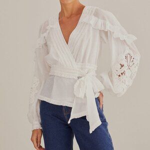 Farm Rio Off-White V-Neck Blouse, Size M